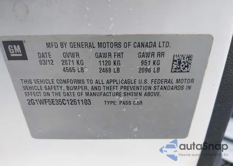 2012 Chevrolet Impala Ls from USA, damaged, VIN 2G1WF5E35C1261103